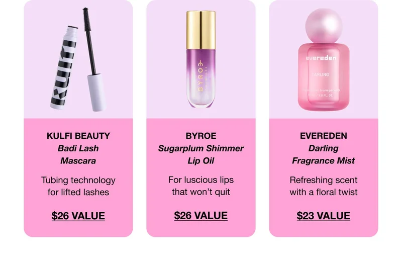 KULFI BEAUTY - Badi Lash Mascara - Tubing technology for lifted lashes - $26 Value | BYROE - Sugarplum Shimmer Lip Oil - For luscious lips that won’t quit | EVEREDEN Darling Fragrance Mist - Refreshing scent with a floral twist - $23 Value