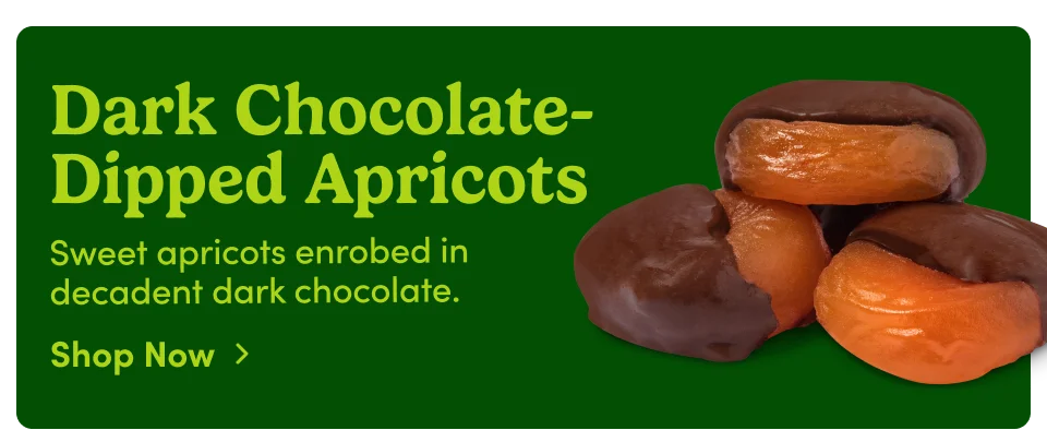 Dark Chocolate-Dipped Apricots – sweet apricots enrolled in decadent dark chocolate; Shop now