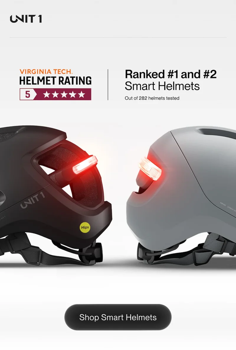 UNIT 1 AURA and NEON Smart Helmets ranked #1 and #2 by Virginia Tech with 5-Star safety rating.