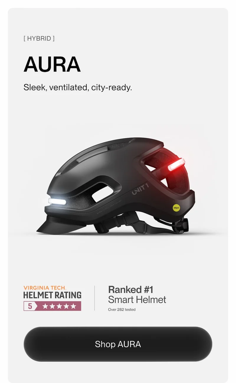 UNIT 1 AURA Smart Helmet – ranked #1 Smart Helmet by Virginia Tech. Hybrid design for city riders.
