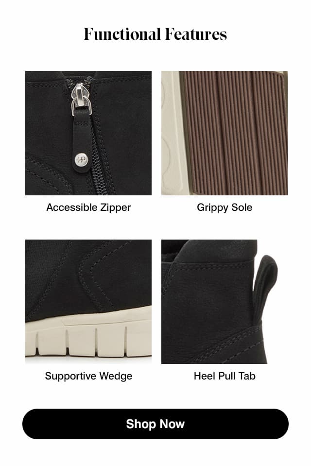 The text says Functional Features. A close up of the Cemile bootie's side zipper pull. The text says Accessible Zipper. A close up of the Cemile bootie's textured sole. The text says Grippy Sole.  A close up of the Cemile bootie's serrated 1.6" wedge. The text says Supportive Wedge.