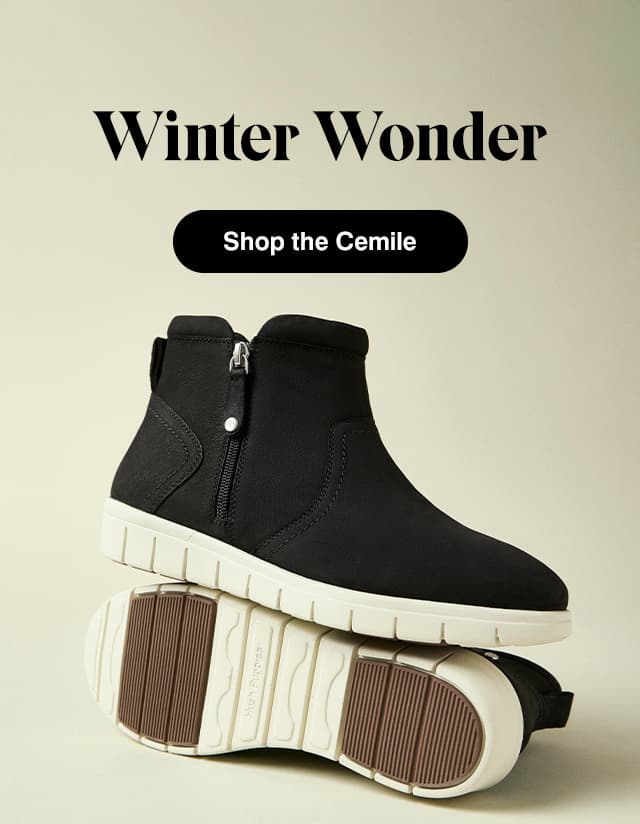 A profile and sole view of the new Cemile Bootie in Black nubuck. The email says Winter Wonder. Shop Cemile