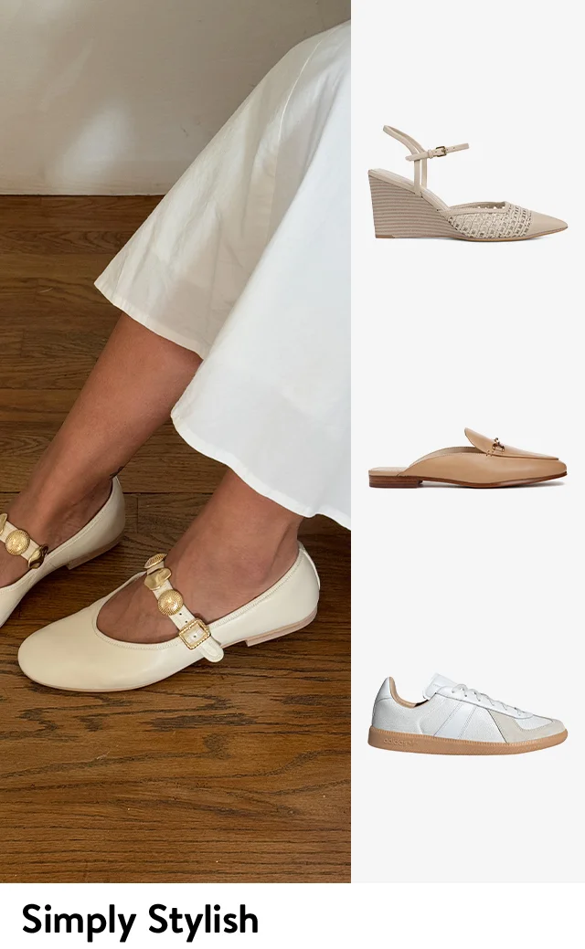 A woman wearing off-white mary jane flats with a white skirt. An off-white wedge heel, tan mule and white sneaker.