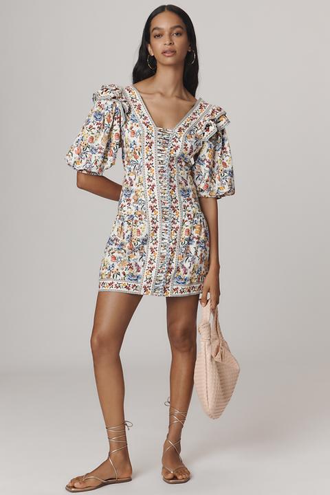 Farm Rio Greek Garden Linen Blend Short-Sleeve V-Neck Mini Dress