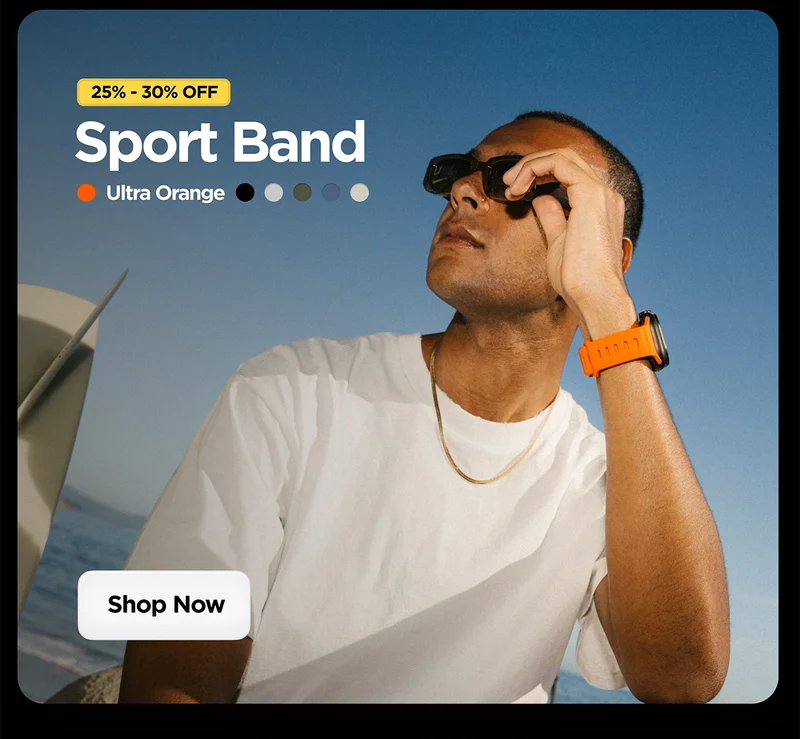 25% to 30% off Sport Band. Featuring Ultra Orange Sport Band on Black Apple Watch Ultra on the beach.
