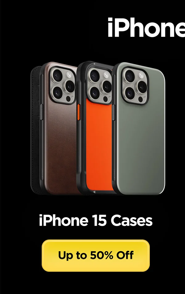 iPhone 15 Cases are 50% off. Featuring Rustic Brown Modern Leather Folio, Ultra Orange Rugged Case, and Ash Green Sport Case.