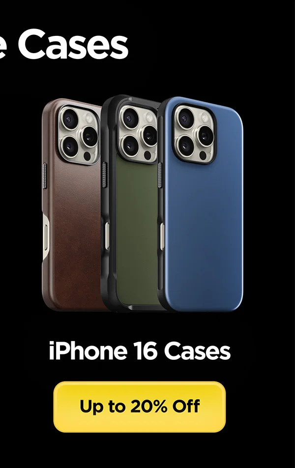 iPhone 16 is 20% off. Featuring Rustic Brown Traditional Case, Forest Green Rugged Case, and Naval Blue Sport Case