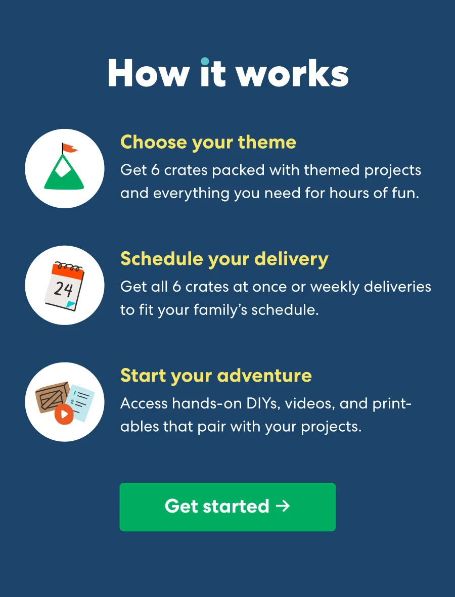 How it works | Choose your theme | Get 6 crates packed with themed projects and everything you need for hours of fun.