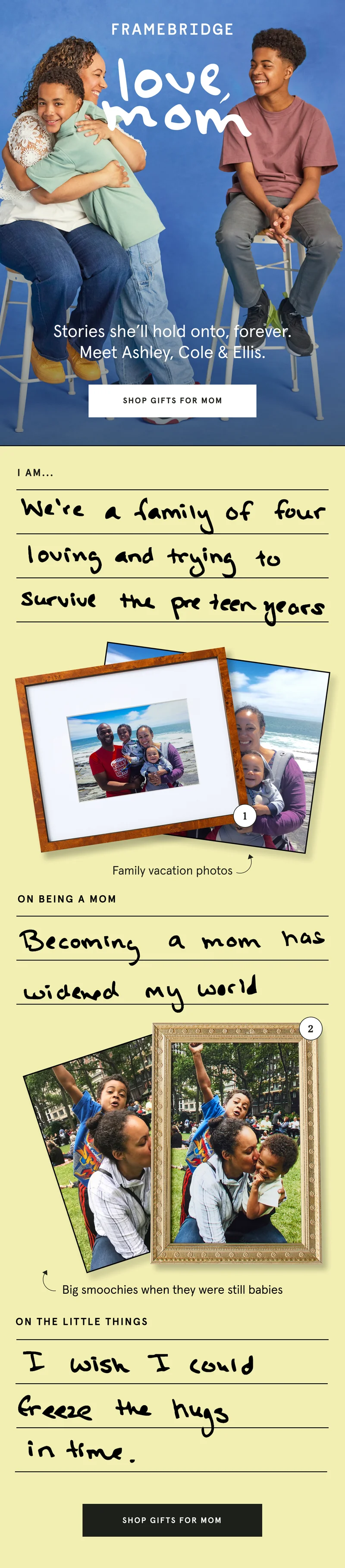 Stories she’ll hold onto, forever. Meet Ashley, Cole & Ellis. Shop gifts for mom
