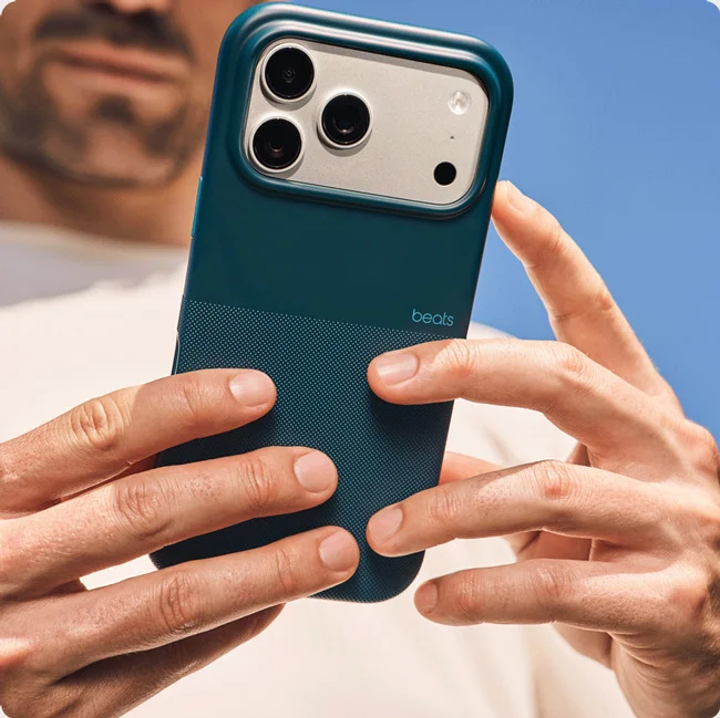 Close-up of the Beats iPhone 17 Rugged Case with  textured matte exterior for no-slip grip.