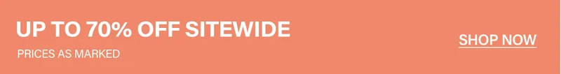 Salmon promotional banner: 'UP TO 70% OFF SITEWIDE, PRICES AS MARKED.' Features 'SHOP NOW' button to access amazing discounts.