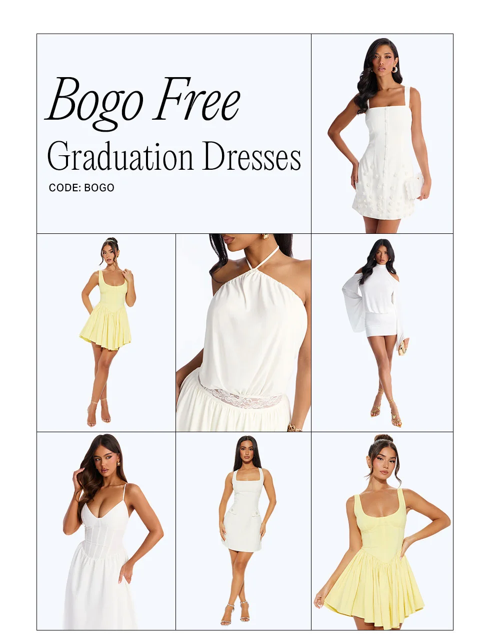 discount code Free Graduation Dresses promotion featuring models in stylish white and yellow mini dresses. Shop elegant dresses with code discount code.