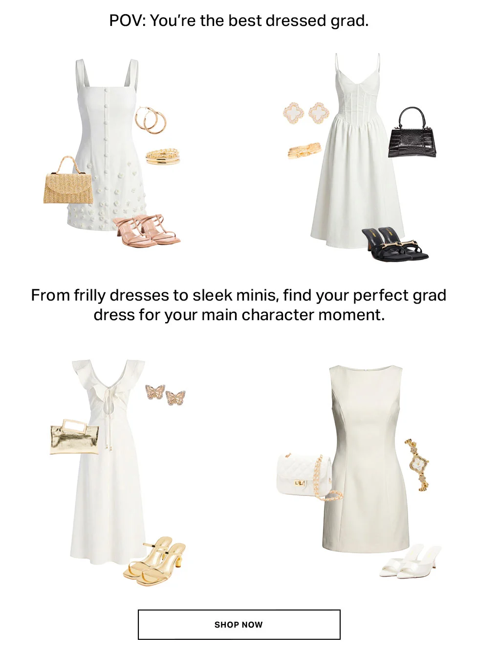 Four diverse white graduation dresses – mini, midi, maxi – styled with chic accessories like gold jewelry, elegant bags, and heels for your grad outfit.