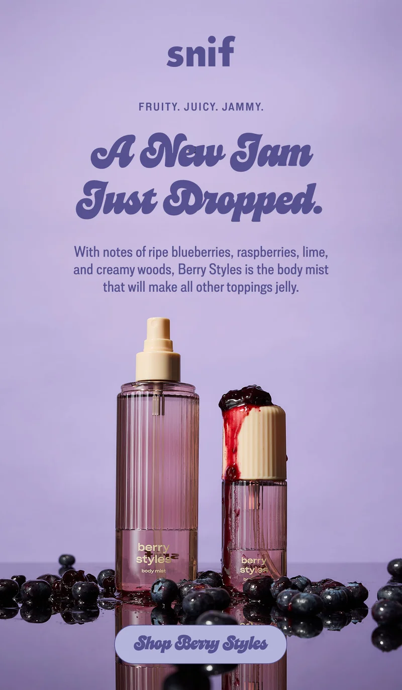 With notes of ripe blueberries, raspberries, lime, and creamy woods, Berry Styles is the body mist that will make all other toppings jelly. [shop berry styles].