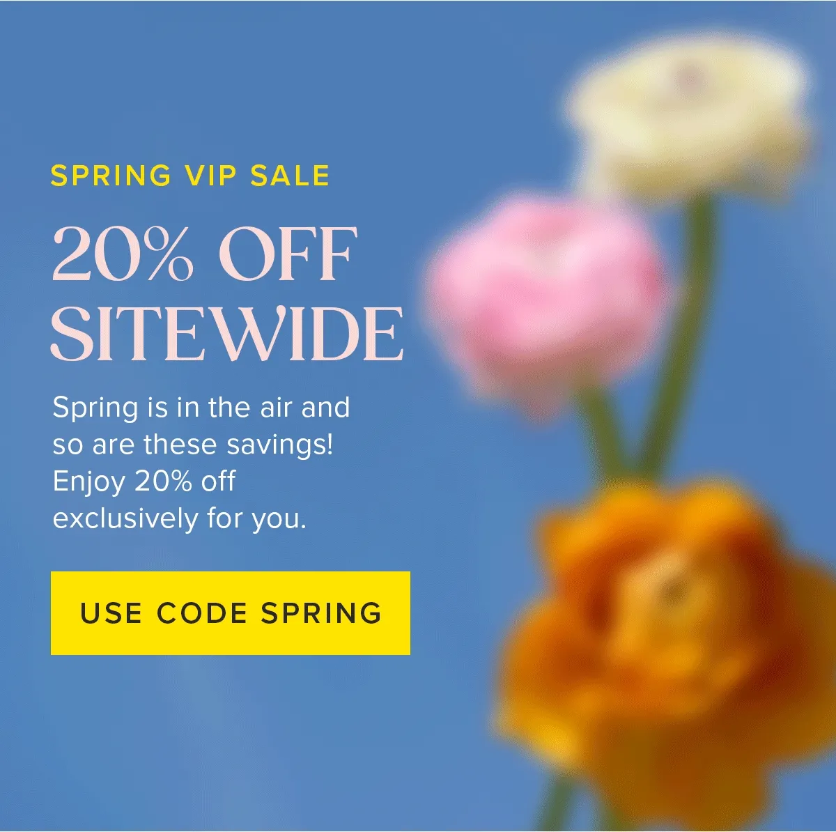 SPRING VIP SALE 20% OFF SITEWIDE Spring is in the air and  so are these savings! Enjoy 20% off  exclusively for you. USE CODE SPRING
