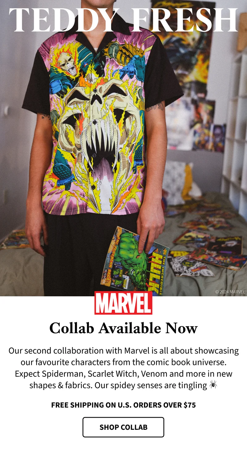 Model with a Hulk comic book in hand wearing our Marvel Ghost Rider Camp Shirt