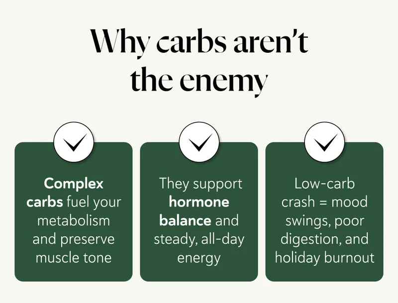Why carbs aren’t the enemy ✔ Complex carbs fuel your metabolism and preserve muscle tone  ✔ They support hormone balance and steady, all-day energy  ✔ Low-carb crash = mood swings, poor digestion, and holiday burnout