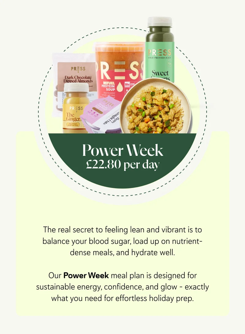 The real secret to feeling lean and vibrant is to balance your blood sugar, load up on nutrient-dense meals, and hydrate well. That’s exactly how our Power Week Holiday Prep Plan works – designed for sustainable energy, confidence, and glow.