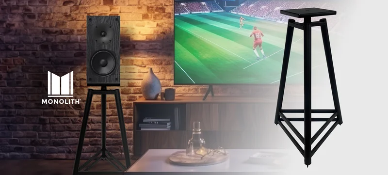 Monolith: Easel Style Speaker Stand With Adjustable Spikes. Compatible With Most Bookshelf Speakers. Available In: 18”, 24”, 28, 32”.