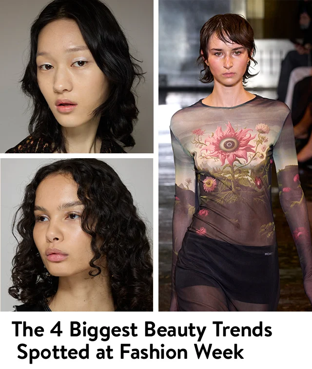 A model with glowing skin; a model in a flower-print top walking down a runway; a model wearing metallic eyeshadow.