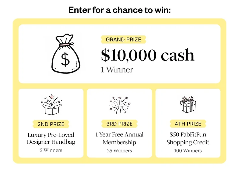 Enter for a chance to win: | GRAND PRIZE $10,000 cash 1 Winner | 2ND PRIZE Luxury Pre-Loved Designer Handbag 5 Winners | 3RD PRIZE 1 Year Free Annual Membership 25 Winners | 4TH PRIZE $50 FabFitFun Shopping Credit 100 Winners