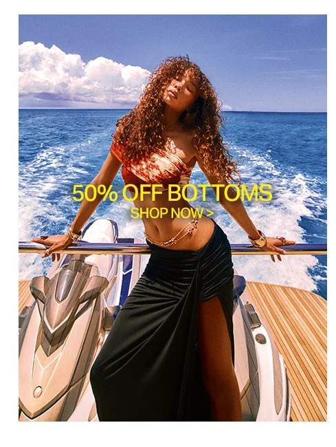 Stylish woman on a yacht, wearing an orange top and black split skirt, advertising a 50% off women's beachwear and bottoms sale.