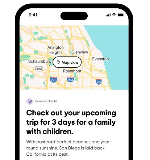 Image Description: A phone screen showing an AI-generated three-day itinerary with a map, titled “Check out your upcoming trip for 3 days for a family with children.”