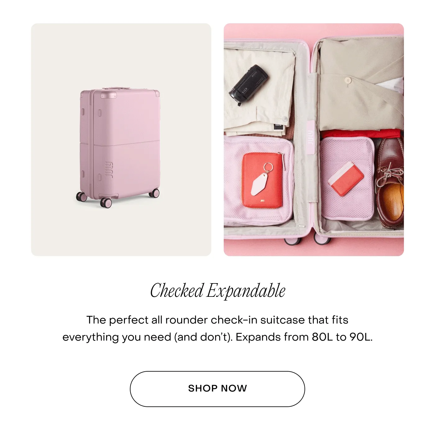Checked Expandable. The perfect all rounder check-in suitcase that fits everything you need (and don’t). Expands from 80L to 90L.