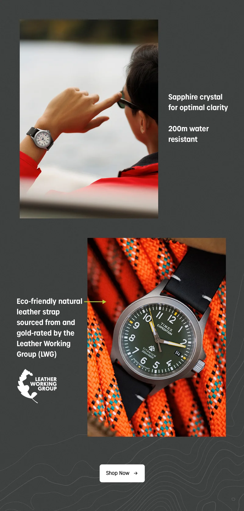 Sapphire crystal for optimal clarity | 200m water resistant | Eco-friendly natural leather strap sourced form and gold-rated by the Leather Working Group | Shop Now