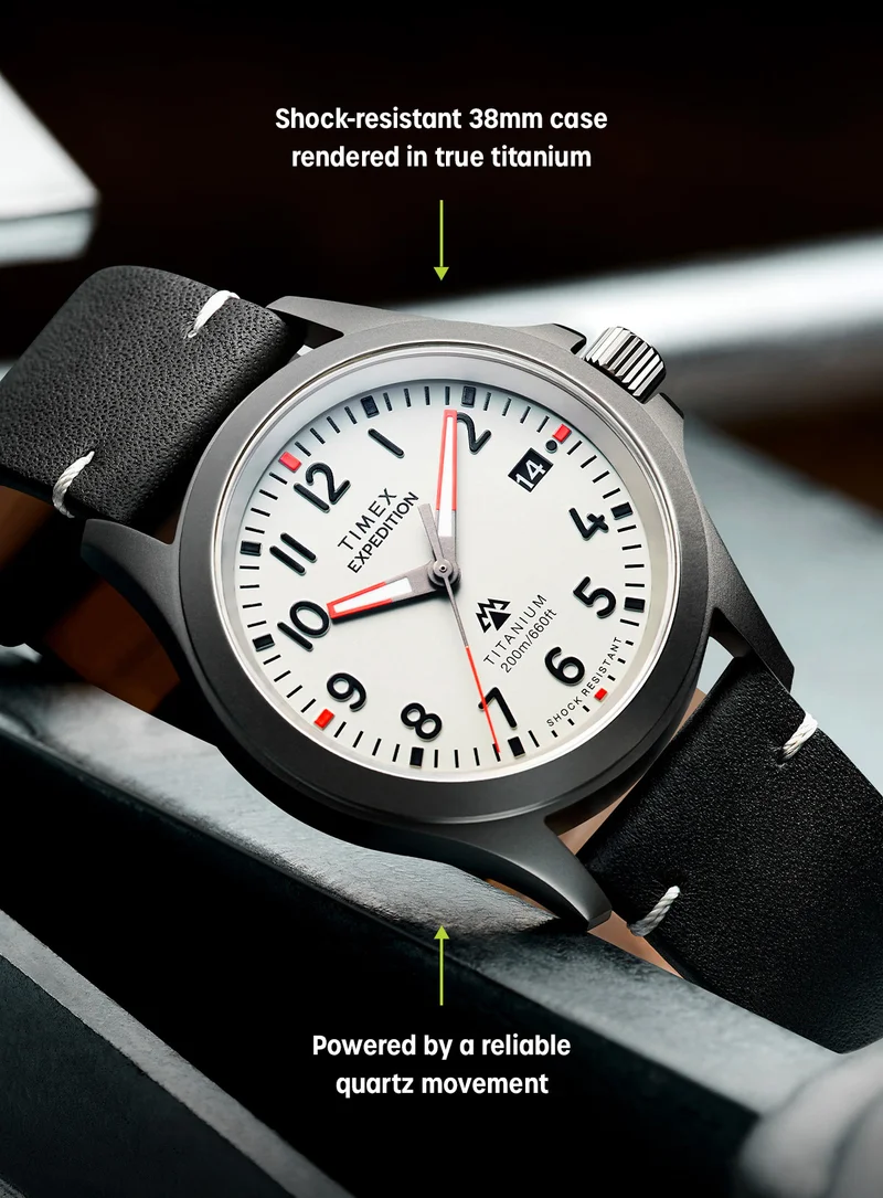 Shock-resistant 38mm case rendered in true titanium | Powered by a reliable quartz movement