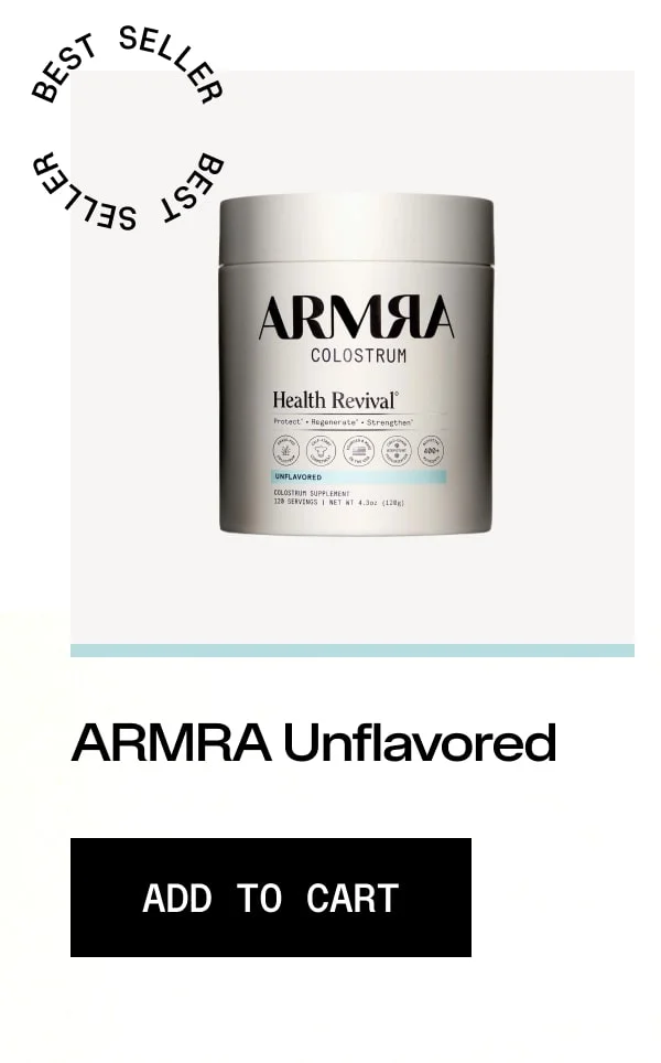 ARMRA Colostrum Health Revival Unflavored container shown on a neutral background with “Add to Cart” button.