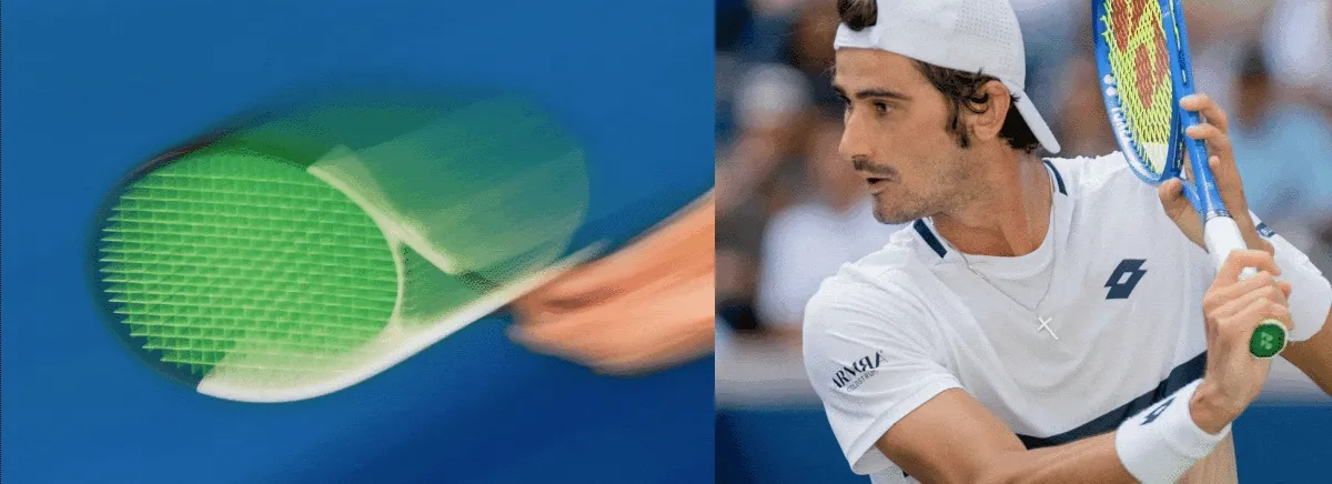 Slow-motion tennis action showing a racket swing transitioning to a player preparing a backhand.