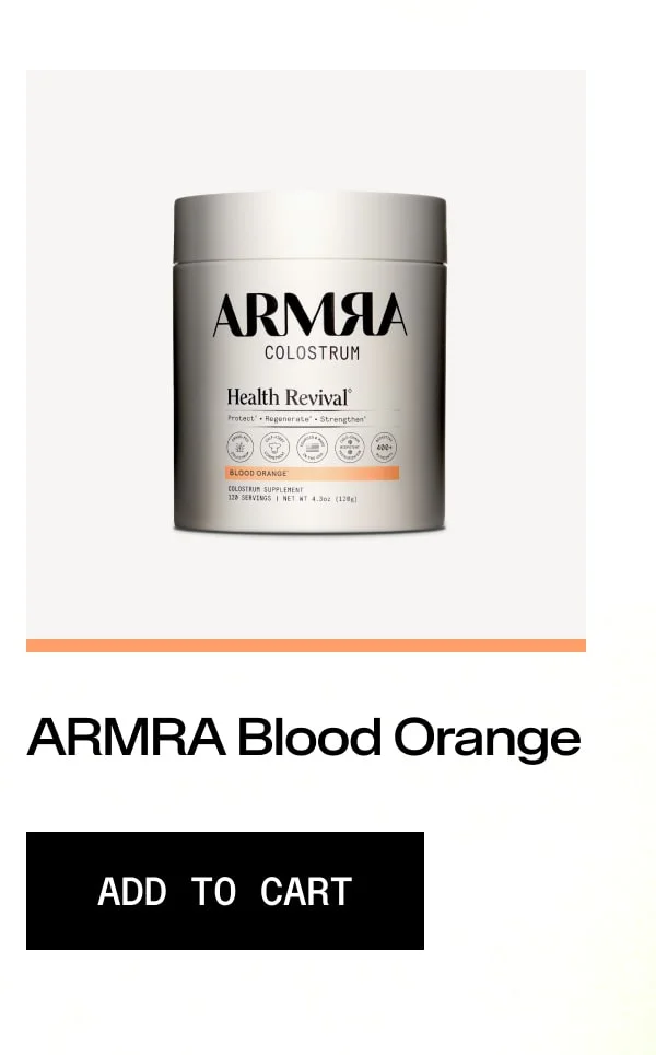 ARMRA Colostrum Health Revival Blood Orange container displayed with product name and “Add to Cart” button.