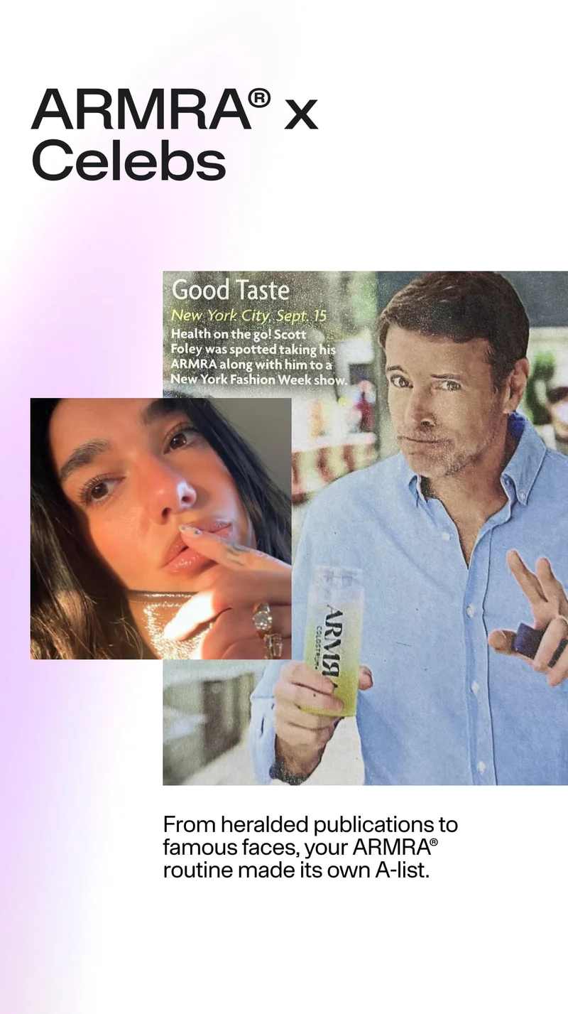 Collage showing magazine coverage and people holding ARMRA drinks under the heading “ARMRA x Celebs.”
