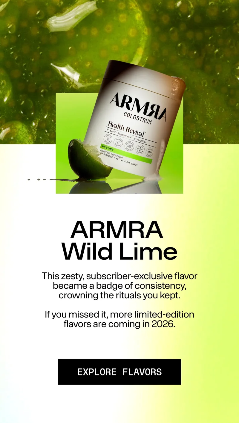 ARMRA Wild Lime Colostrum container shown with lime imagery and text about limited-edition flavors.