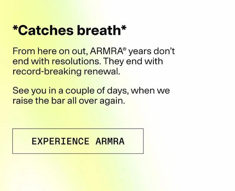 Text graphic reading “Catches breath” with a message about renewal and an “Experience ARMRA” button.