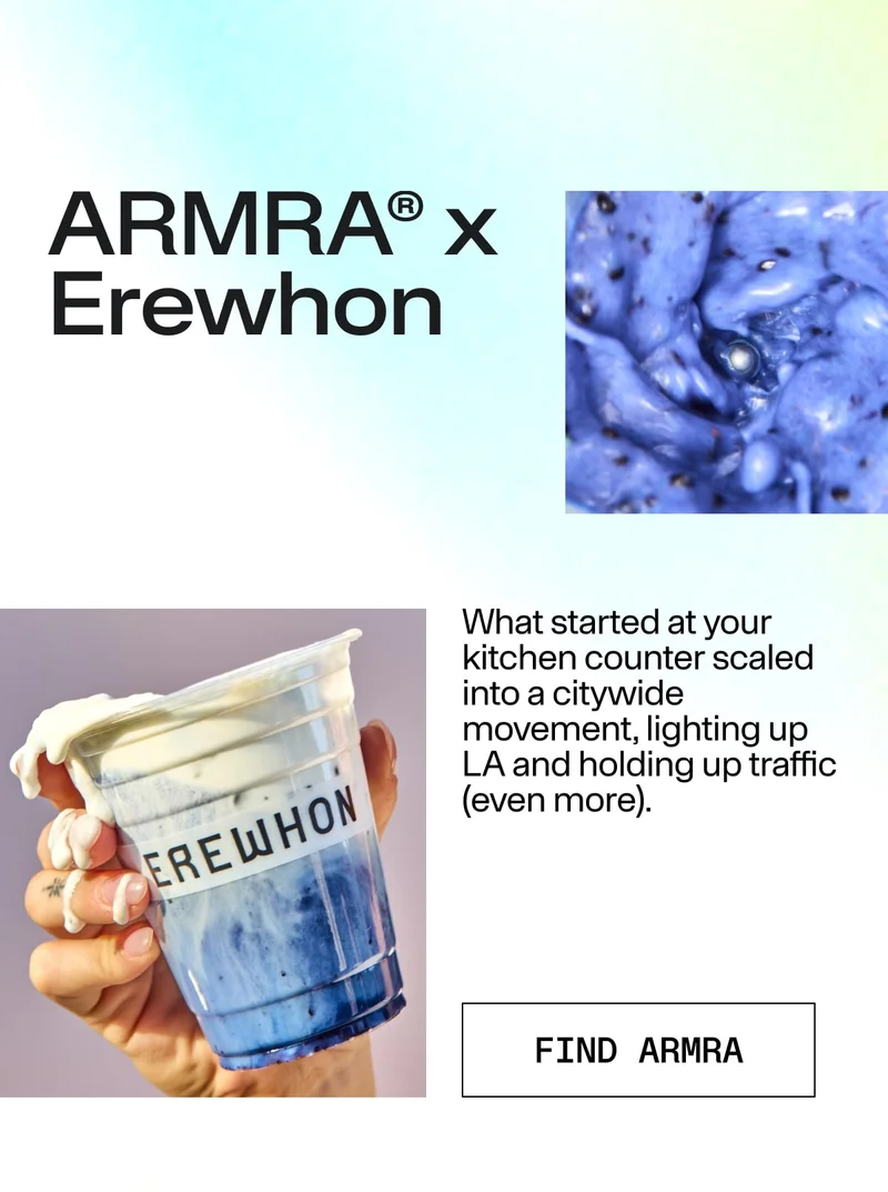 Graphic reading “ARMRA x Erewhon” with an Erewhon smoothie cup and textured blue ingredient close-up.