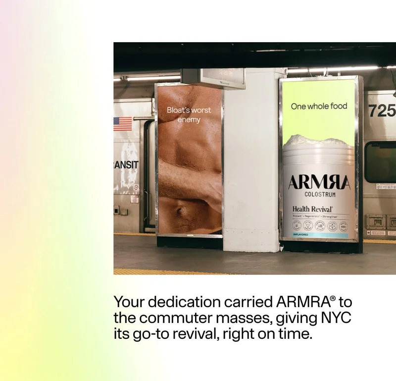 ARMRA subway advertisements displayed on a New York City train platform.
