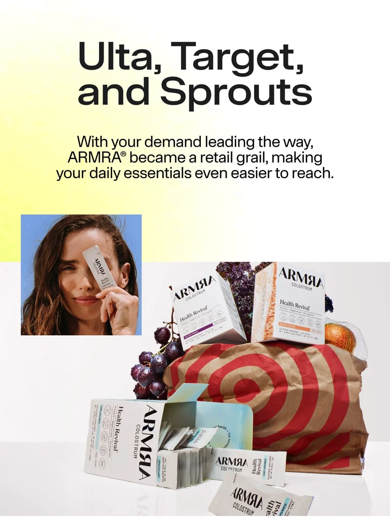 ARMRA products arranged with a Target shopping bag, grocery items, and a model holding a single-serve packet.