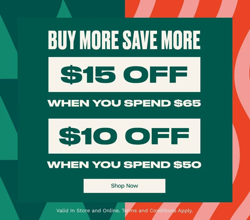 $15 Off $65
$10 Off $50