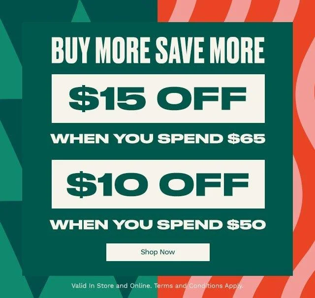 $15 Off $65
$10 Off $50