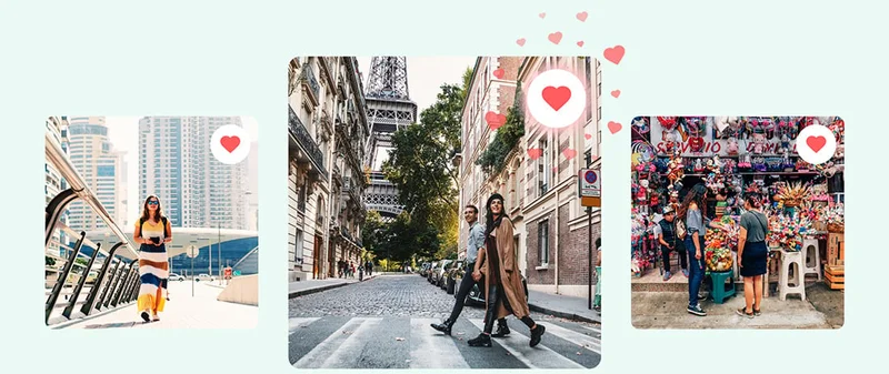 Image descriptions: A person walking along a city bridge, two people walking by the Eiffel Tower, two people standing in front of a toy store . Three heart icons are on the top right corner of each image.