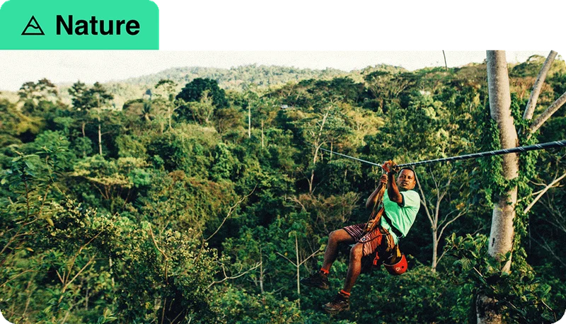 Image description: A person zip-lining over the jungle. A mountain icon next to the word “Nature” is at the top of the image.