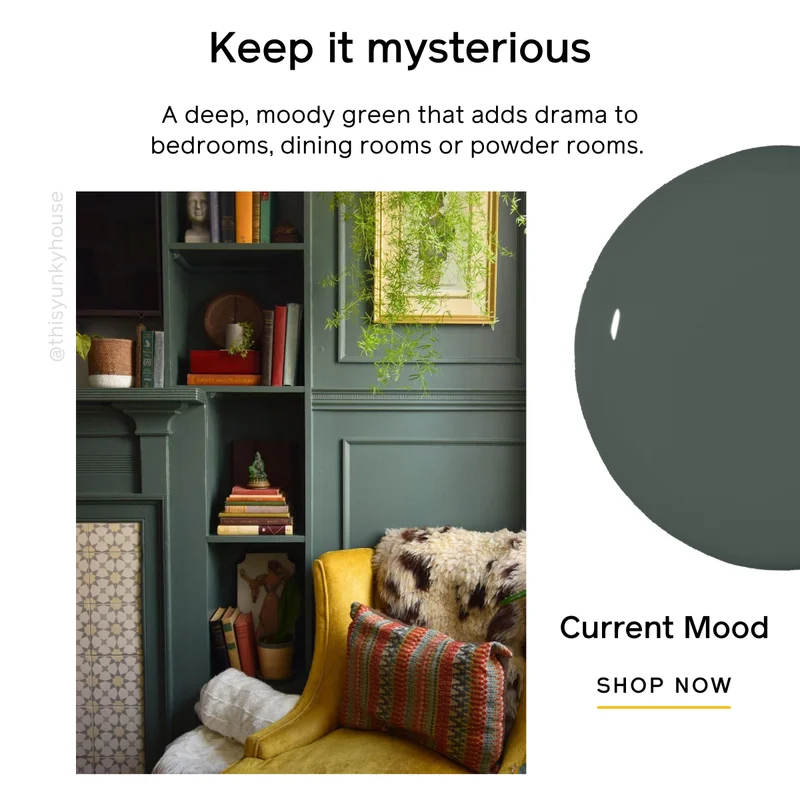 Keep it mysterious. A deep, moody green that adds drama to bedrooms, dining rooms or powder rooms. Current Mood SHOP NOW