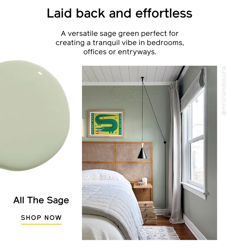 Laid back and effortless. A versatile sage green perfect for creating a tranquil vibe in bedrooms, offices or entryways. All The Sage SHOP NOW
