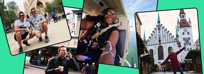 Image Description: A collage of travel photos including two people smiling in front of a landmark, a person eating outdoors, a person in a helicopter, and a person in front of a gothic building.