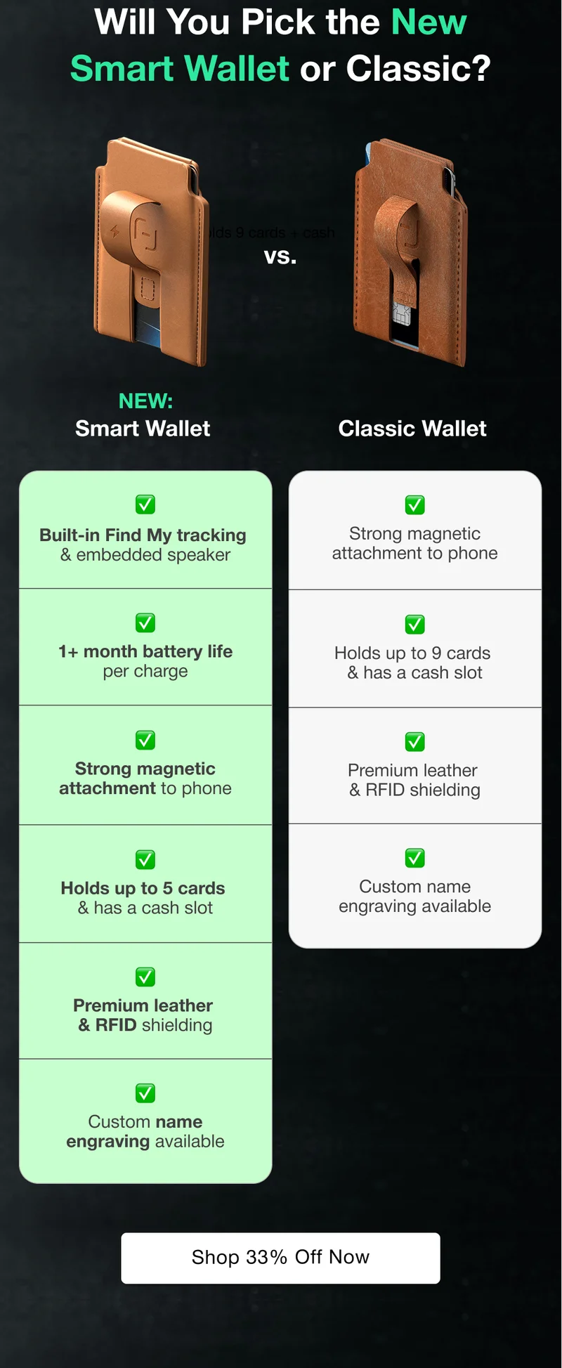 Will You Pick the New Smart Wallet or Classic? Holds 9 cards + cash vs. NEW: Smart Wallet   Classic Wallet  ✅ ✅ Built-in Find My tracking  & embedded speaker Strong magnetic attachment to phone ✅ ✅ 1+ month battery life per charge Holds up to 9 cards  & has a cash slot ✅ ✅ Strong magnetic attachment to phone Premium leather  & RFID shielding ✅ ✅ Holds up to 5 cards  & has a cash slot Custom name engraving available ✅ Premium leather  & RFID shielding ✅ Custom name engraving available