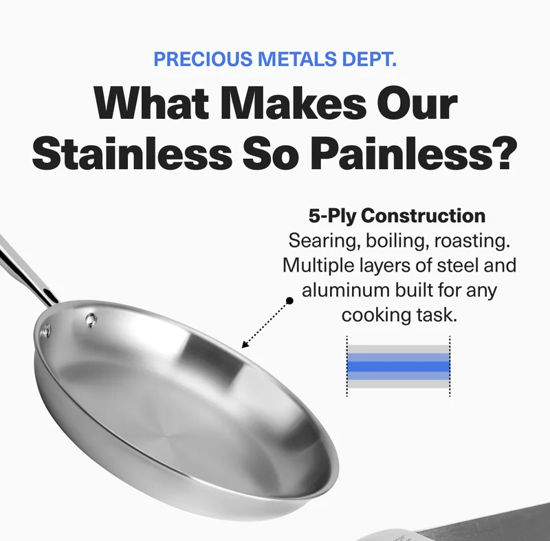 What makes our stainless so painless?... 5-Ply Construction: searing, boiling roasting. Multiple layers of steel and aluminum built for any cooking task.