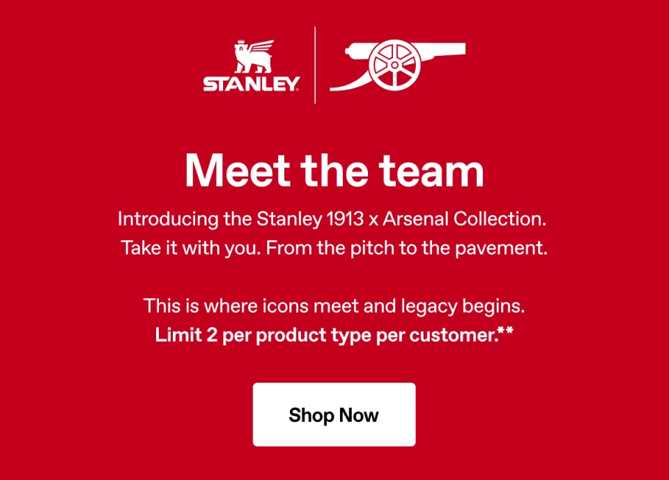 Introducing the Stanley 1913 x Arsenal Collection. Take it with you. From the pitch to the pavement.
