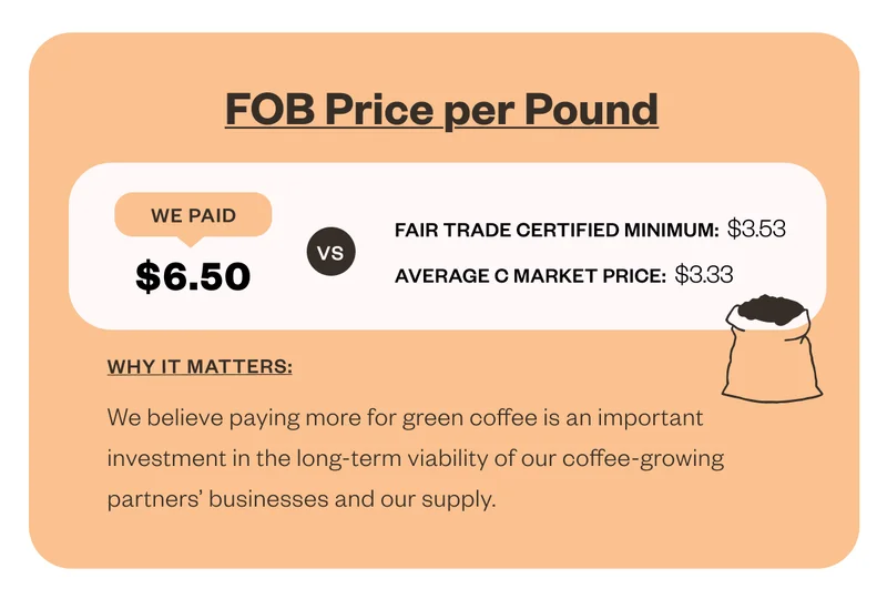 FOB Price Per pound We paid $6.50 vs Fair trade certified minimum: $3.53 Average C Market Price: $3.33 Why it matters: We believe paying more for green coffee is an important investment in the long-term viability of our coffee-growing partners' businesses and our supply